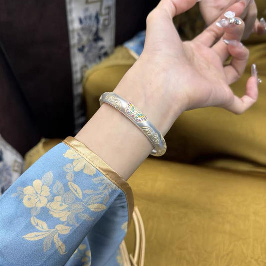 【配饰饰品】古法蝴蝶祥云银手镯女描金闭口镯子国潮磨砂新中式国风手环礼物