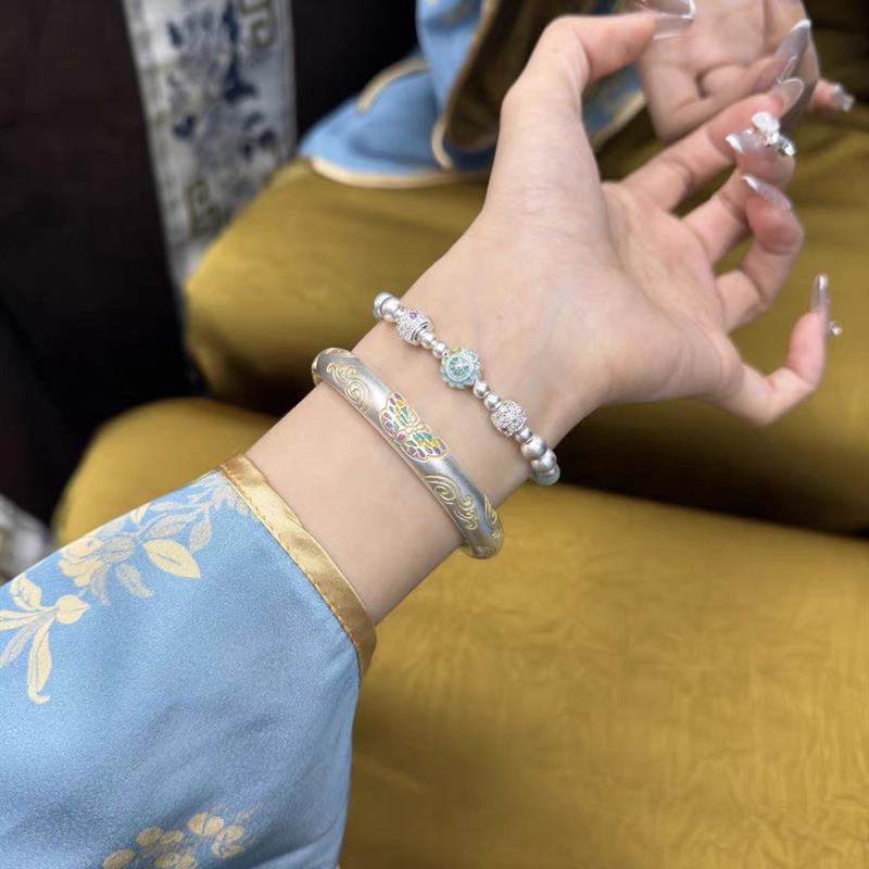 【配饰饰品】古法蝴蝶祥云银手镯女描金闭口镯子国潮磨砂新中式国风手环礼物