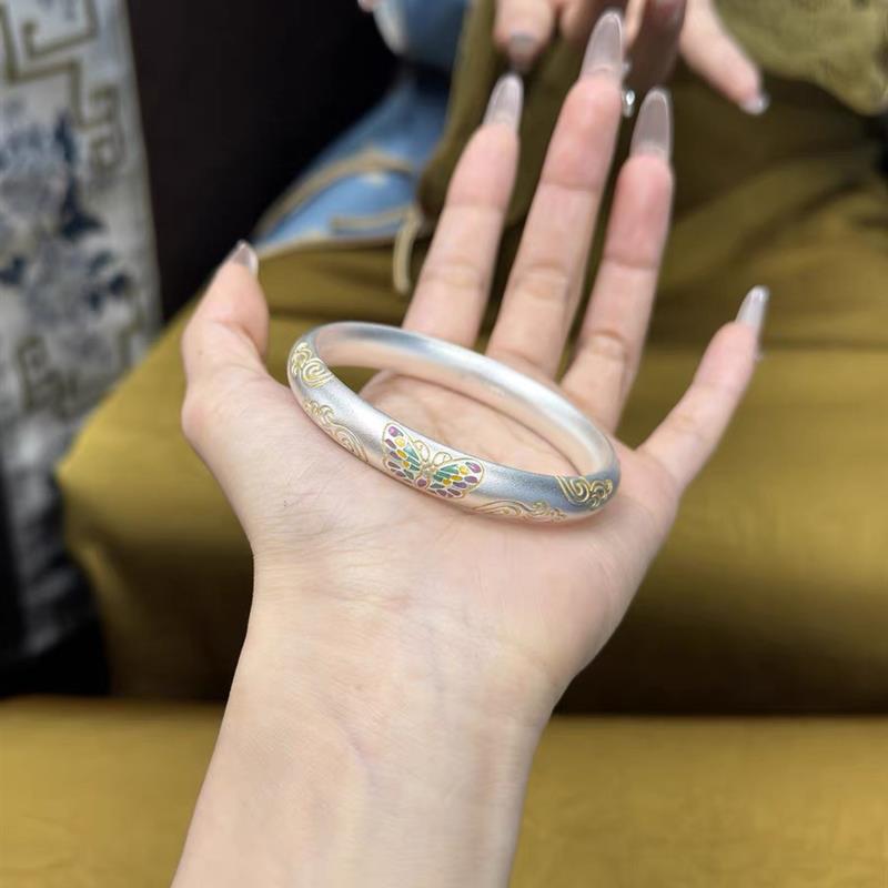 【配饰饰品】古法蝴蝶祥云银手镯女描金闭口镯子国潮磨砂新中式国风手环礼物