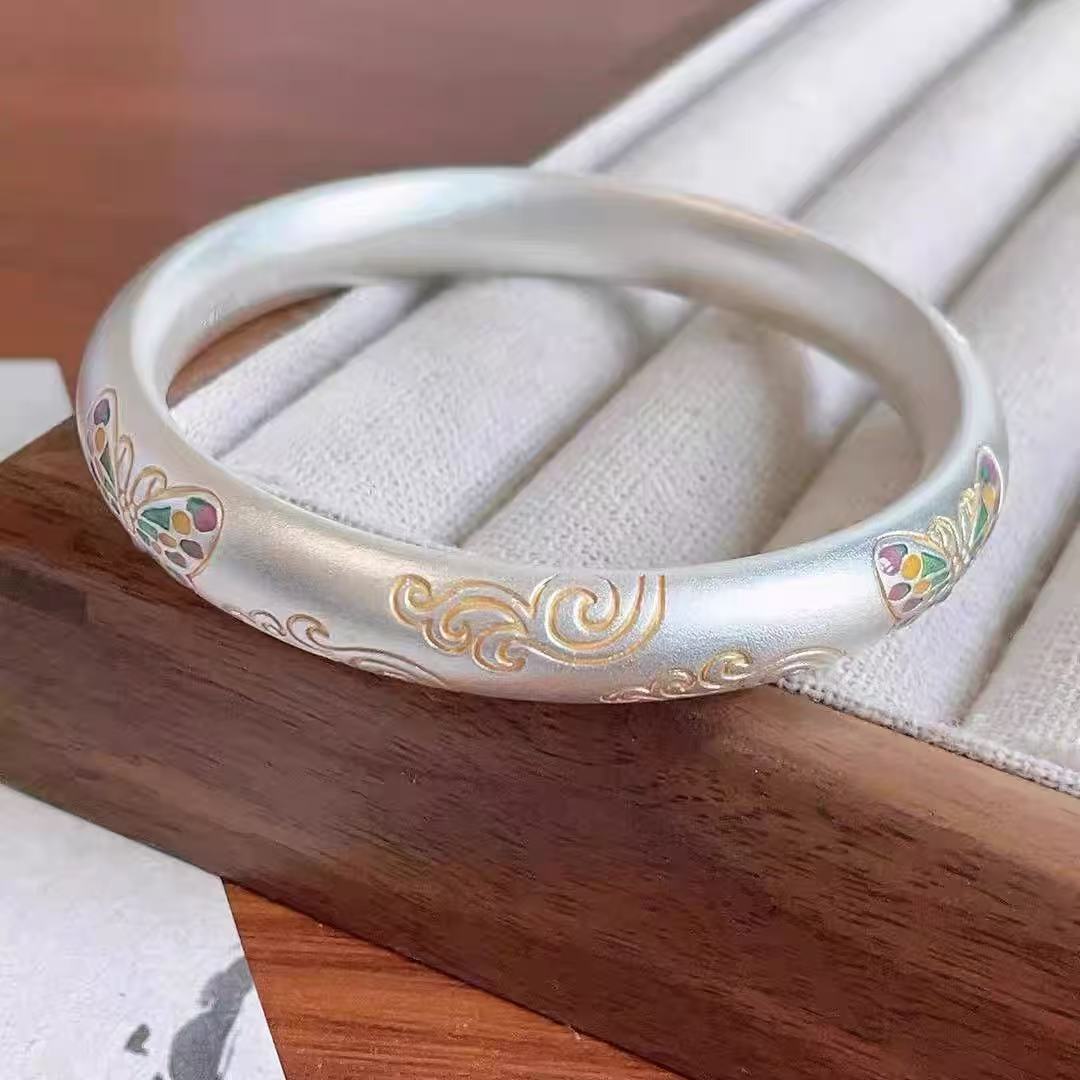 【配饰饰品】古法蝴蝶祥云银手镯女描金闭口镯子国潮磨砂新中式国风手环礼物